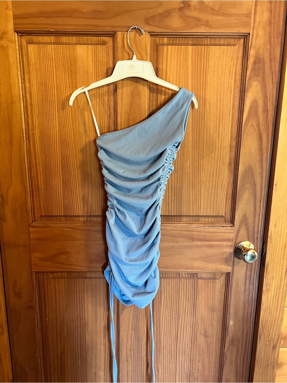 One-Shoulder Blue Ruched Mini Dress - Picture 2 of 2